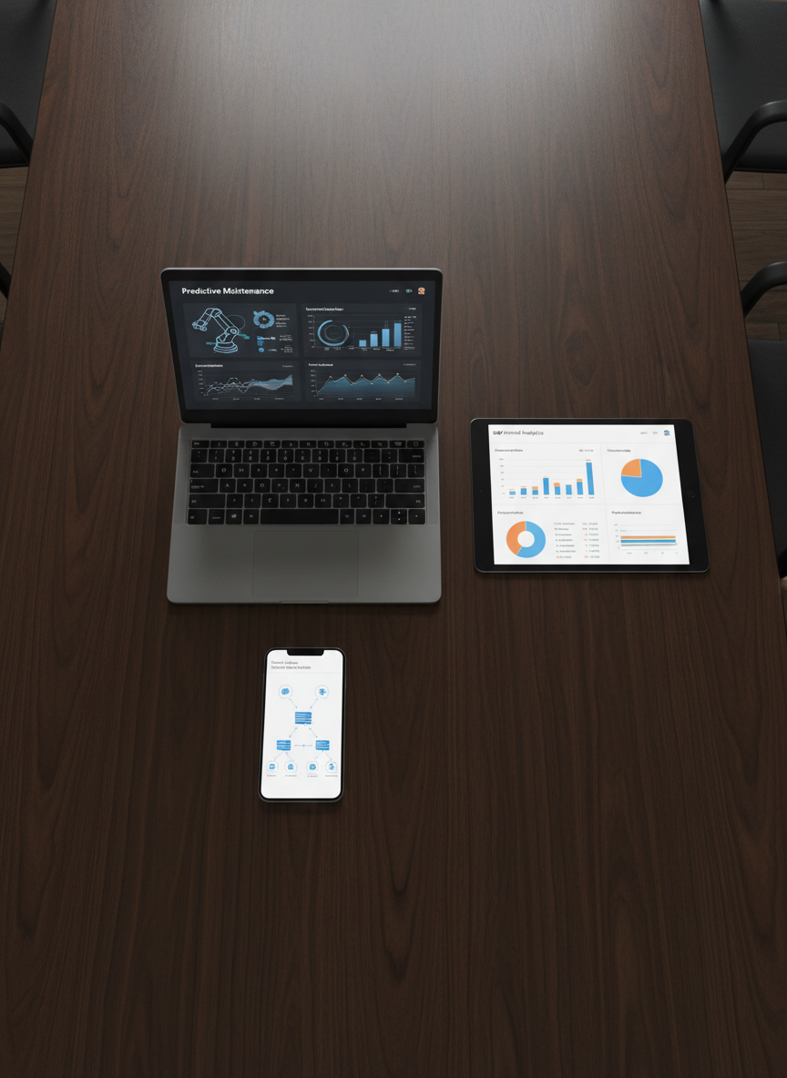 A polished conference table made of dark walnut, viewed from above, holding an array of enterprise devices: a slim laptop, a tablet, and a phone, each displaying different segments of the same AI ERP environment. One shows predictive maintenance for manufacturing equipment, another displays SAP financial analytics, and the third highlights Oracle cloud resource allocation with autonomous agents adjusting workloads. Soft overhead lighting casts clean, professional shadows and brings out the wood grain, while the screens glow vividly yet realistically. Photographic realism with a flat lay composition, sharp focus throughout, and a balanced, corporate aesthetic that conveys cross-platform, AI-driven ERP visibility without any human presence.