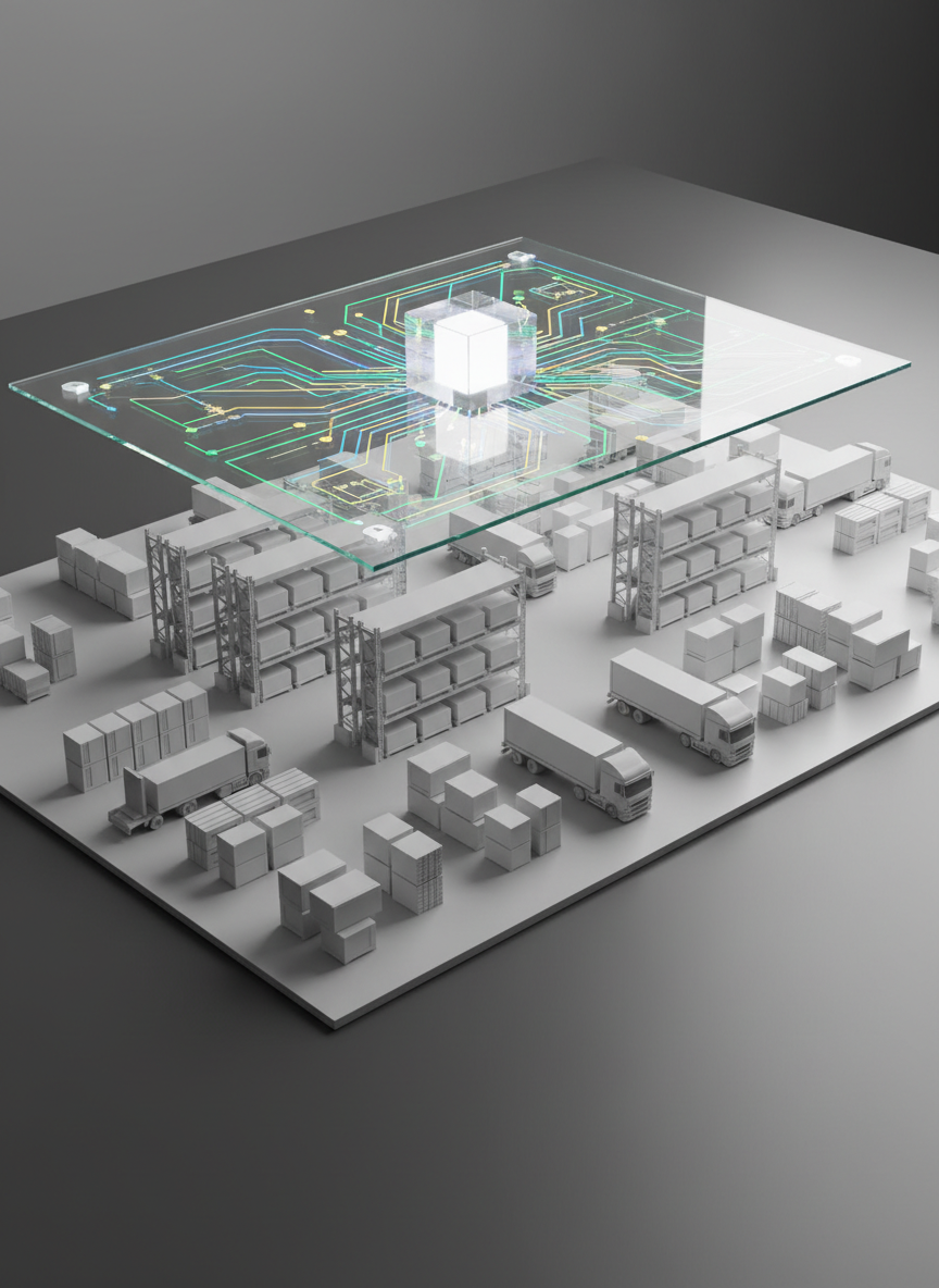 A meticulously organized logistics warehouse model made of matte white and light-gray 3D-printed blocks, representing pallets, shelves, trucks, and containers arranged on a smooth charcoal tabletop. Transparent acrylic overlays indicate data flows and planning routes, with fine glowing lines in distinct colors connecting to a central, crystal-clear cube symbolizing an AI ERP core. Soft, neutral studio lighting from both sides creates gentle shadows and crisp edges, enhancing the architectural feel. Photographic realism with a slightly elevated, three-quarter angle that reveals depth and structure. The mood is analytical and strategic, ideal for illustrating AI-powered supply chain optimization in Oracle and SAP environments, with no humans or text visible.