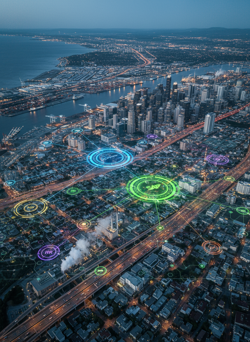 A dramatic, photographic cityscape at blue hour seen from high above, with major roads, ports, and industrial zones subtly overlaid by semi-transparent lines and nodes representing AI-controlled ERP processes. Distinct zones glow in different hues for finance, HR, logistics, and manufacturing, all linking back to two luminous cores labeled only by subtle color cues that allude to Oracle and SAP without text. Streetlights and building windows provide natural illumination, while the digital overlay emits a soft, futuristic glow. Shot with a wide-angle lens, sharp focus across the frame. The mood is expansive and visionary, symbolizing a whole city orchestrated by agentic enterprise systems.