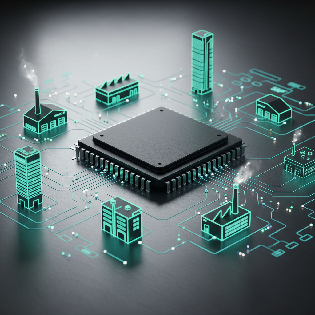 An abstract yet realistic photographic composition of a black server-grade CPU resting on a brushed aluminum surface, surrounded by intricate neon-blue and emerald-green circuit traces forming the shapes of interconnected warehouses, factories, and office buildings. Tiny, glowing points along the circuits symbolize autonomous AI agents orchestrating ERP processes. Overhead, diffused studio lighting creates soft reflections in the metal and emphasizes fine textures on the chip’s surface. Shot from a low, macro-style angle with sharp focus on the chip and shallow depth of field into the circuit cityscape. The mood is sophisticated and futuristic but grounded, highlighting the invisible intelligence driving modern Oracle and SAP ecosystems.