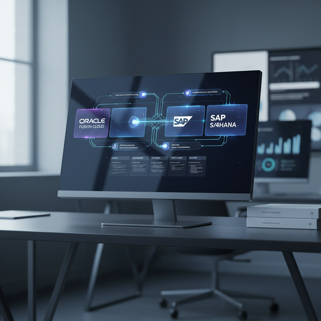 A close-up, photographic view of a modern AI ERP dashboard on a bezel-less, matte 4K monitor resting on a minimalist dark metal desk. The interface shows Oracle and SAP modules as interconnected tiles, with glowing, intelligent agents represented as small, animated-like nodes dispatching tasks across finance, procurement, and supply chain workflows. Soft, cool daylight from an unseen window to the left creates subtle highlights on the metal desk and a gentle reflection on the monitor’s surface. The background fades into tasteful blur with hints of additional screens and neatly stacked reports. Eye-level composition with shallow depth of field, clean and modern aesthetic, evoking clarity, precision, and executive-level insight.